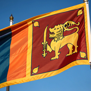 High-resolution image of the Sri Lankan flag. Lion with sword in navy blue background, vibrant colors including orange, red, and yellow. Captures the texture and richness of the flag.