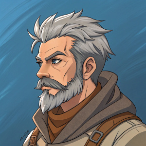 Tracer from Overwatch game, clear facial features, grizzled appearance, gray hair, big beard, and mustache. Solid blue background, detailed face