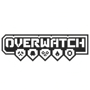 Pixel art logo for 'Overwatch'. Simple design, black and white, retro style, resembling early video games