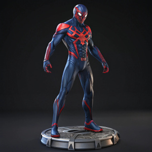 A futuristic Spider-Man 2099 toy, dynamic pose, muscular build, detailed facial expression. Standing on metallic base with dark backdrop. High-resolution image.