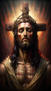 Jesus na cruz com um coroa de espinho. representando sangre e sofrimento.