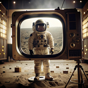 (Moon landing film set as staged by Stanley Kubrick in 1969), fake moon landing, 16 k, extremely detailed,  Panavision 65mm, desaturated black/white, sepia, archive material, analog photo quality, ((scratched, glitch:3))