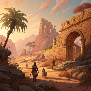 Fantasy video game concept art. Warm, desert-themed environment with ancient ruins. Stone walls and arches. Characters in various poses. Warm color palette.
