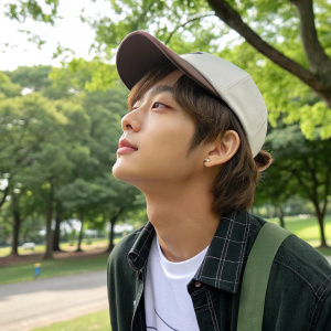 Close-up of Kim Taehyung. Wearing casual outfit, outdoors in a park