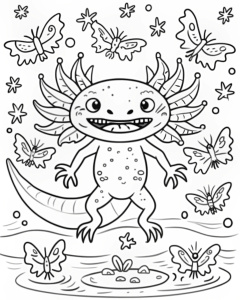 Axolotl is a zombie with sharp teeth, Axolotl in Moth Pond: An Axolotl swimming in a pond filled with moths.

