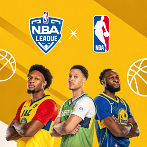 A vibrant, modern design showcasing NBA 2K League players. Bright yellow background, team logos in various colors