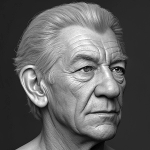 3D model of Sir Ian McKellen's headshot. Close-up focus on face. Detailed facial features including wrinkles. Natural skin tones and grayscale. Dark, neutral background.
