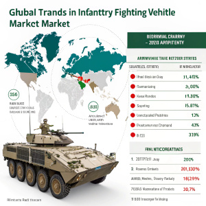 Infographic detailing global trends in infantry fighting vehicle market. Includes world map highlighting major regions and a table showcasing leading manufacturers.