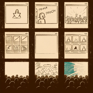 Storyboard for Jurassic World product launch. Hand-drawn sketches showcasing various launch concepts. Pencil sketch style with simple shading and focus on promotional ideas.