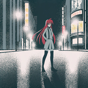 Rias Gremory, anime character, standing confidently. Her long red hair cascades down her back. The setting is a bustling city street at night. Neon lights and billboards