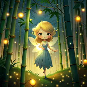 a cure twinkling fairy in a bamboo forest at night, cartoon style