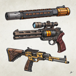 Illustration showcasing different parts of weapons from Borderlands 3. Detailed drawing featuring barrel, grip, stock, and scope.