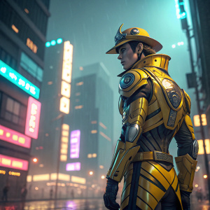 Digital artwork featuring a character from JoJo's Bizarre Adventure: Stardust Crusaders. Futuristic metallic design, yellow and silver colors, set against a neon-lit cityscape backdrop.