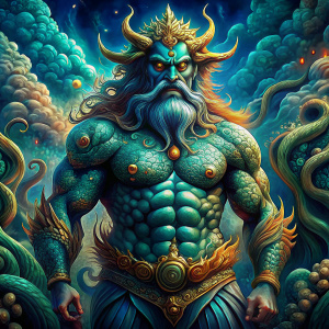 
Leviathan man sea monster thick beard arms legs sea devil big eyes sitting on a wave