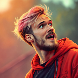 Felix Kjellberg, better known as PewDiePie, captured in an abstract photo shoot. Vibrant colors and exaggerated facial features. Dynamic pose against a blurred, warm background.