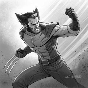 Black and white comic illustration of Wolverine. Dynamic fighting stance, determined face. Muscles and claws emphasized with bold lines and deep shading. Artist's signature at bottom.