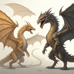 Two fierce versions of King Ghidorah illustrated. The creature's serpentine form with multiple heads and wings, its muscular body and sharp claws, showcasing the artist's skillful depiction.