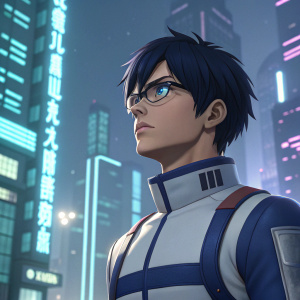 3D render of Tenya Iida from My Hero Academia. Intense look, surrounded by digital cityscape