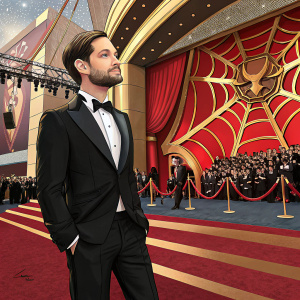 Tobey Maguire, star of 'The Amazing Spider-Man,' standing alone at a glitzy awards show. His attire includes a sleek black tuxedo and a neatly trimmed beard. The setting is a vibrant, high-energy event with a striking red and gold stage design.