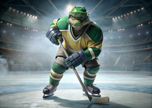 A teenage mutant ninja turtle in uniform plays hockey realism