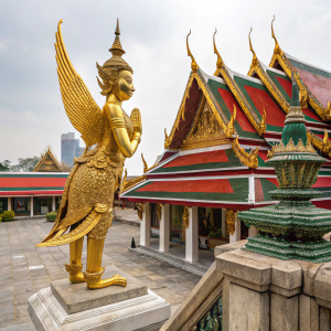 Golden Kinaree statue, mythical creature, positioned on a stone pedestal. Traditional Thai temple setting. Ornate gold accents, detailed tail-like feature, poised as if ready for flight. Set against a backdrop of a temple with tiered roofs in vibrant red, green, and gold hues.