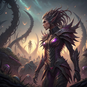 Zerg Queen Kerrigan, cybernetically enhanced, standing amidst a battlefield. Lush alien landscape with eerie glow. Detailed armor and tentacle-like extensions in dark metallic hues with purple and brown tones. Lighting and shadows highlight her monstrous form and intricate design.