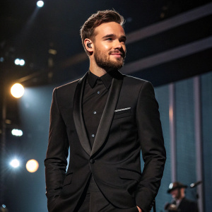 Liam Payne at the Grammy Awards, wearing a sharp black suit. He has a well-groomed beard and is posing confidently on stage.