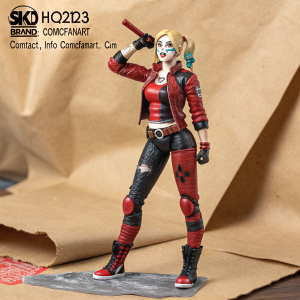 WANTED: Custom-made action figure inspired by Harley Quinn. High-resolution images on rough, brown paper background. Official product details: SKU-HQ2023, Brand: ComicFanArt, Contact: info@comicfanart.com