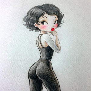 betty boop look at her back in a black leggings and make kiss 