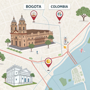 Interactive digital map highlighting key landmarks in Bogotá, Colombia including museums, restaurants, and historical sites.