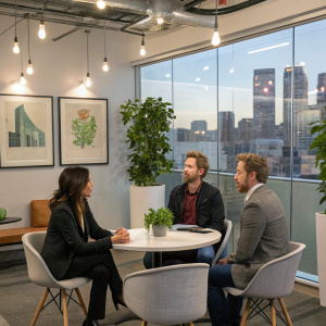 Brenda Song, Seth Green, and Giovanni Ribisi in a casual meeting scene. Modern office setting with glass walls and urban decor.