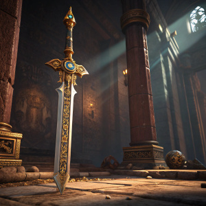 A detailed 3D scene from the game Godfall. The sword, encrusted with gold and jewels, stands out in the dimly lit temple chamber. The background reveals ancient, weathered walls and towering pillars, casting shadows. Colors range from warm golds to deep browns and shadows.