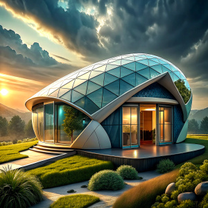 "The Solar-Cell Fabric Home" - Design a concept for a smart home covered in a revolutionary solar-cell fabric that generates electricity from sunlight, including on cloudy days. The home should feature energy-efficient appliances, smart windows that adjust tint to control temperature and maximize natural light, and a home battery system to store excess energy. vibrant color, high contrast UHD, cinematic, ultra realistic, style raw, DSLR camera with a lens of 50mm -- aspect ratio 1:21 -- v 5.0