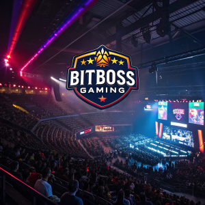 BITBOSS GAMING logo illuminated in a vibrant eSports arena. Crowded venue with energetic crowd, vibrant stage lighting