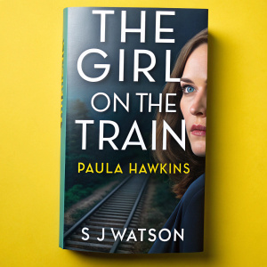 Book cover for 'The Girl on the Train' by Paula Hawkins. Bright yellow background with a sharp, clear image of a woman's face in the center. Large white title text at the top and gripping quote from S J Watson at the bottom.