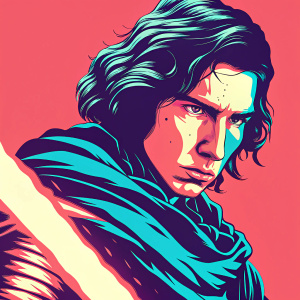 Digital art featuring a young Kylo Ren. Serious expression, dark wavy hair. Focus on face and clothing texture. Gray background.