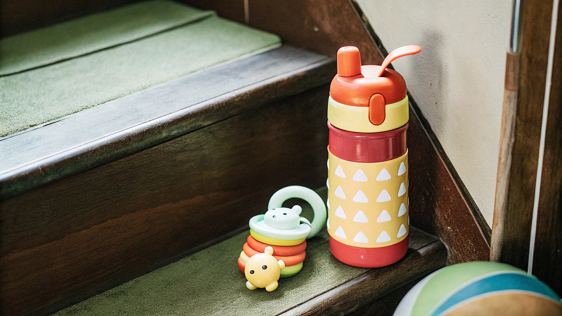 A sturdy and colorful stainless steel bottle with a child-friendly straw cap, placed next to playful toys.