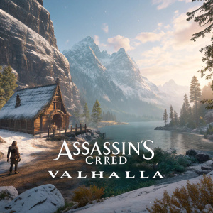 Assassin's Creed Valhalla, game scene. Snow-covered cliffs, Viking longhouse, and serene fjord. Rich textures, detailed environment. Assassin's Creed logo visible.