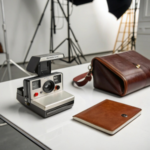 Kodak Colorburst 100 Instant Camera, sleek design with brown leather wallet for film. Indoor photography studio background.