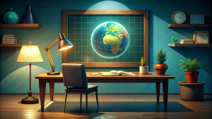 Un bureau, lampe, cadre, globe terrestre, un écran, une personne qui trace un graphique sur un tableau
