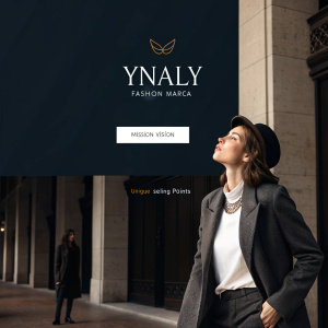 Promotional webpage for Ynaly Fashion Marca. Elegant and modern design. Dark background. Text in Spanish highlighting brand's mission, vision, and unique selling points.