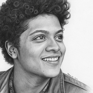 A detailed charcoal sketch of Bruno Mars. Pencil drawing emphasizing facial features and curly hair in black and white