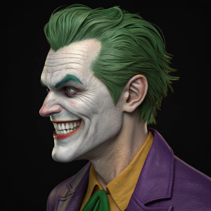 High-definition 3D render of the Joker. Menacing grin, vibrant green hair, against stark black backdrop.