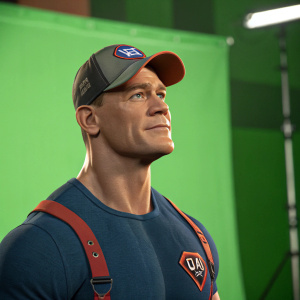 Digital render of John Cena in an animated movie scene. John Cena, muscular build, confident look. Green screen background.