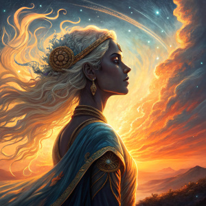 Digital painting of Draupadi from Mahabharata. Blonde hair, dark skin, orange and blue swirls background, sunset glow at bottom.