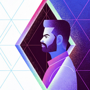 Digital art of Virat Kohli in abstract form. Geometric shapes create a mosaic face. Darker tones with pops of blue and green. Close-up view of his face, detailed and clear.