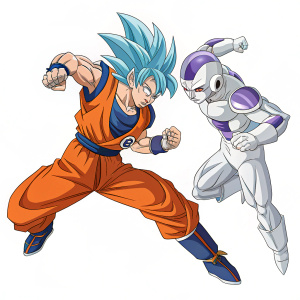 Highly detailed digital illustration of Goku and Frieza from Dragon Ball Z series. Vibrant colors and dynamic poses on a stark white background.