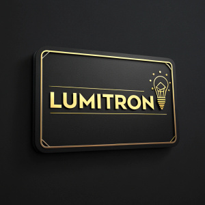 Modern logo design for Lumitron Technologies. The logo features the company name 'Lumitron' in bold gold letters on a sleek black background. It includes a stylized light bulb icon beside the text.