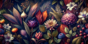 DARK BROWN  background botanic  , watercolor image with dark brown   background , brown  VIBURNUM  , CRASPEDIA , PROTEA , clay brown ASTRANTIA  ,DYED SOLIDAGO,NERINE, , brown ALLIUM, iris  , iris,poppy ,aster,ixora,jasmine ,anemone ,hollyhock ,orchid ,CORTADERIA ,BRASSICA,DAUCUS ,snapdragon,celosla,gladiolus,vinca , achillea   ,astrantia ,LATHYRUS,  achillea, physalis , watercolor, dark brown  background FOR WRAPPING PAPER
Describe what you want to see