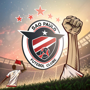 Digital illustration featuring the São Paulo Futebol Clube logo. A raised fist, soccer jersey, and Portuguese text on a bright, vibrant background.